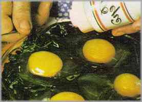 Espolvorear los huevos con sal y pimienta y poner queso rallado sobre las espinacas.