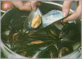 Limpiar los mejillones. Ponerlos en una cacerola con un poco de agua y dejar que se abran.