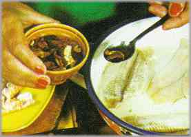 Poner la mitad de los champiñones y las cigalas con el pescado y preparar un triturado de perejil.