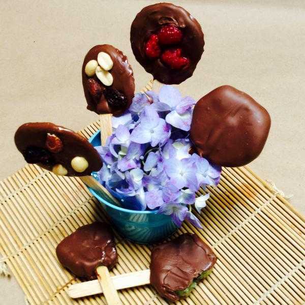 Piruletas de chocolate y fruta